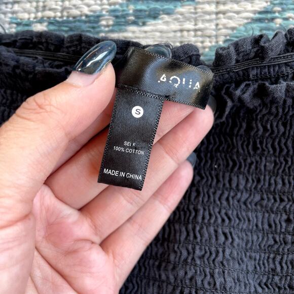 AQUA Black Smocked Square Neck Ruffle Crop‎ Top - Size S - Picture 5 of 8